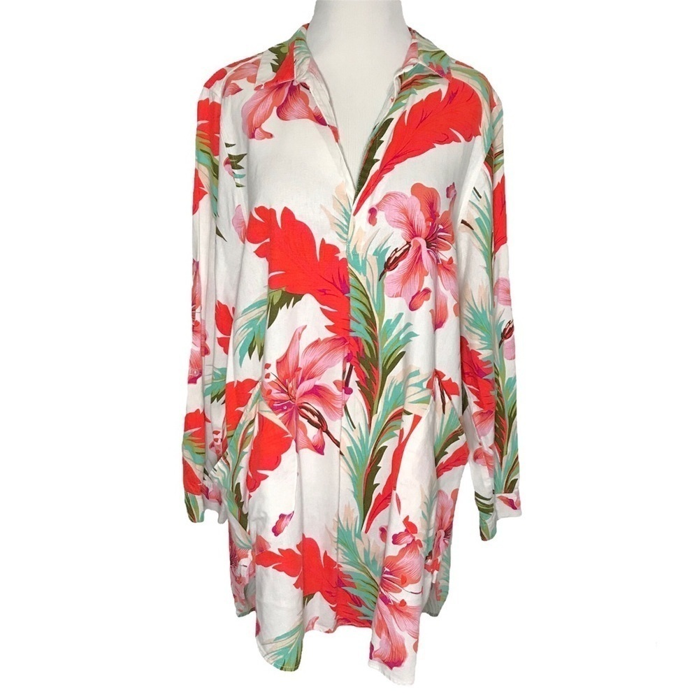 For Cynthia Linen Blend Floral Tunic Dress with Pockets Size L Large Red Green